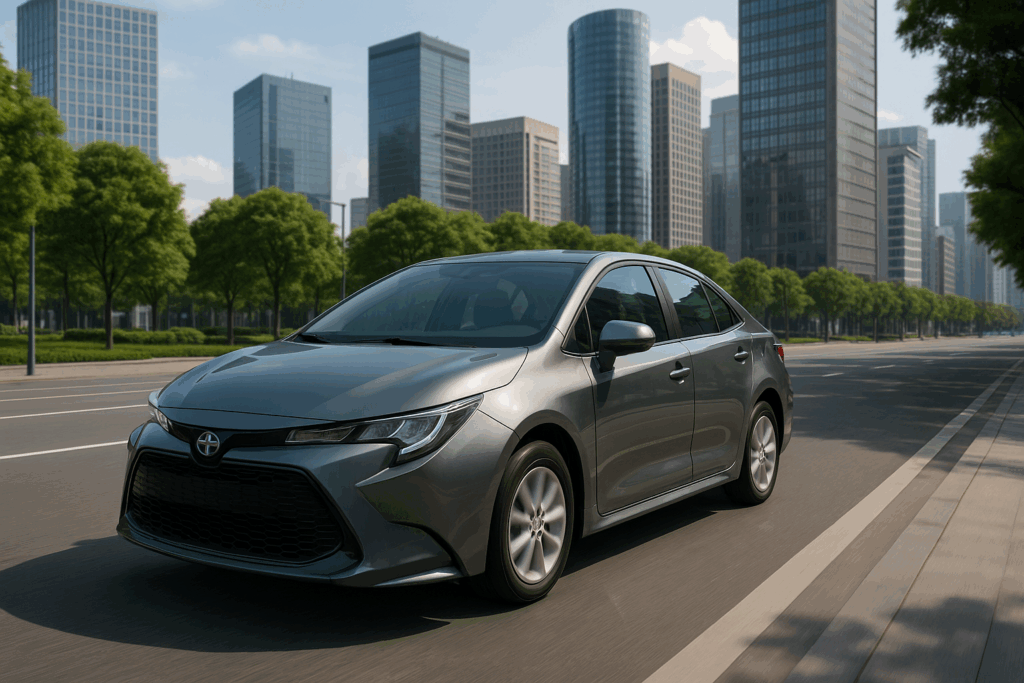 coche híbrido circulando por una avenida urbana con edificios modernos de fondo